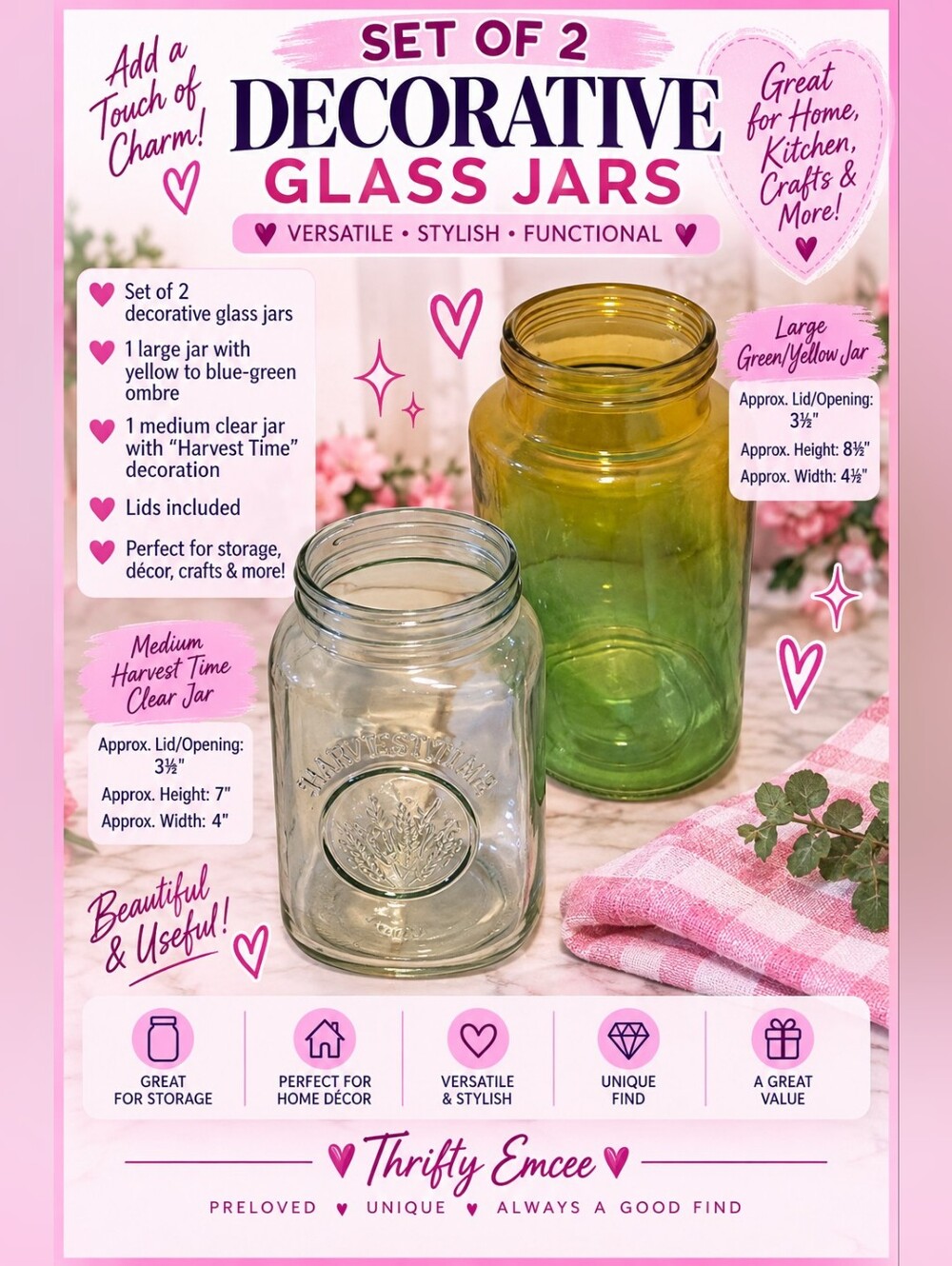 Set of 2 Decorative Glass Jars • Large Green-Yellow Ombre Jar & Medium Clear Jar
